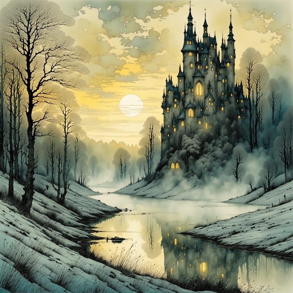 Ethereal Icy Morning Mist Over Castle Ruins