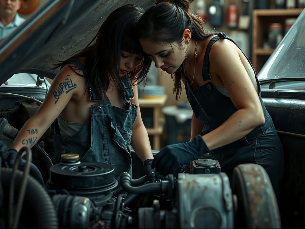 Dirty Mechanic Girl Repairs Vintage Car