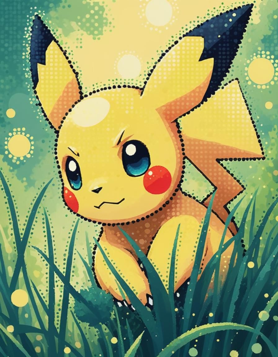 Pointillist Pokémon Portrait in Grassy Setting