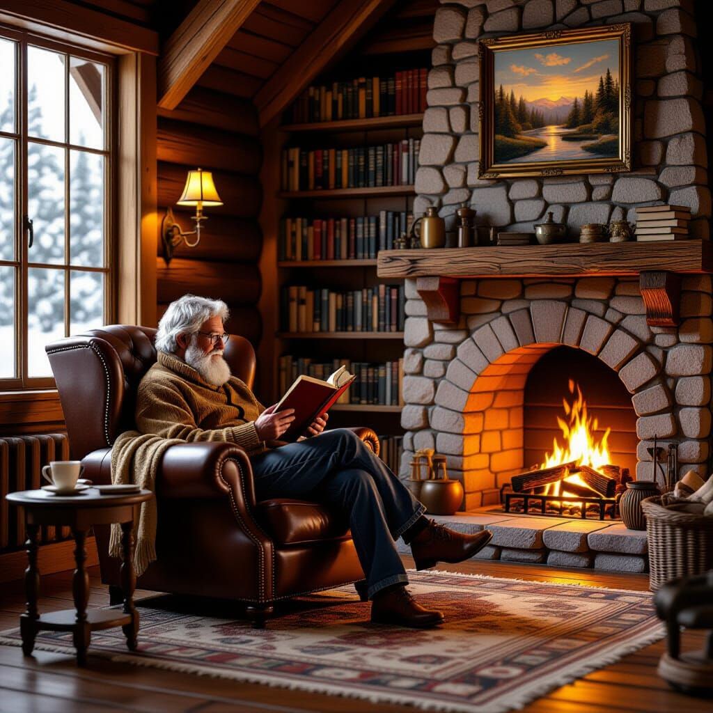 Cozy Cabin Reading Nook with Fireplace