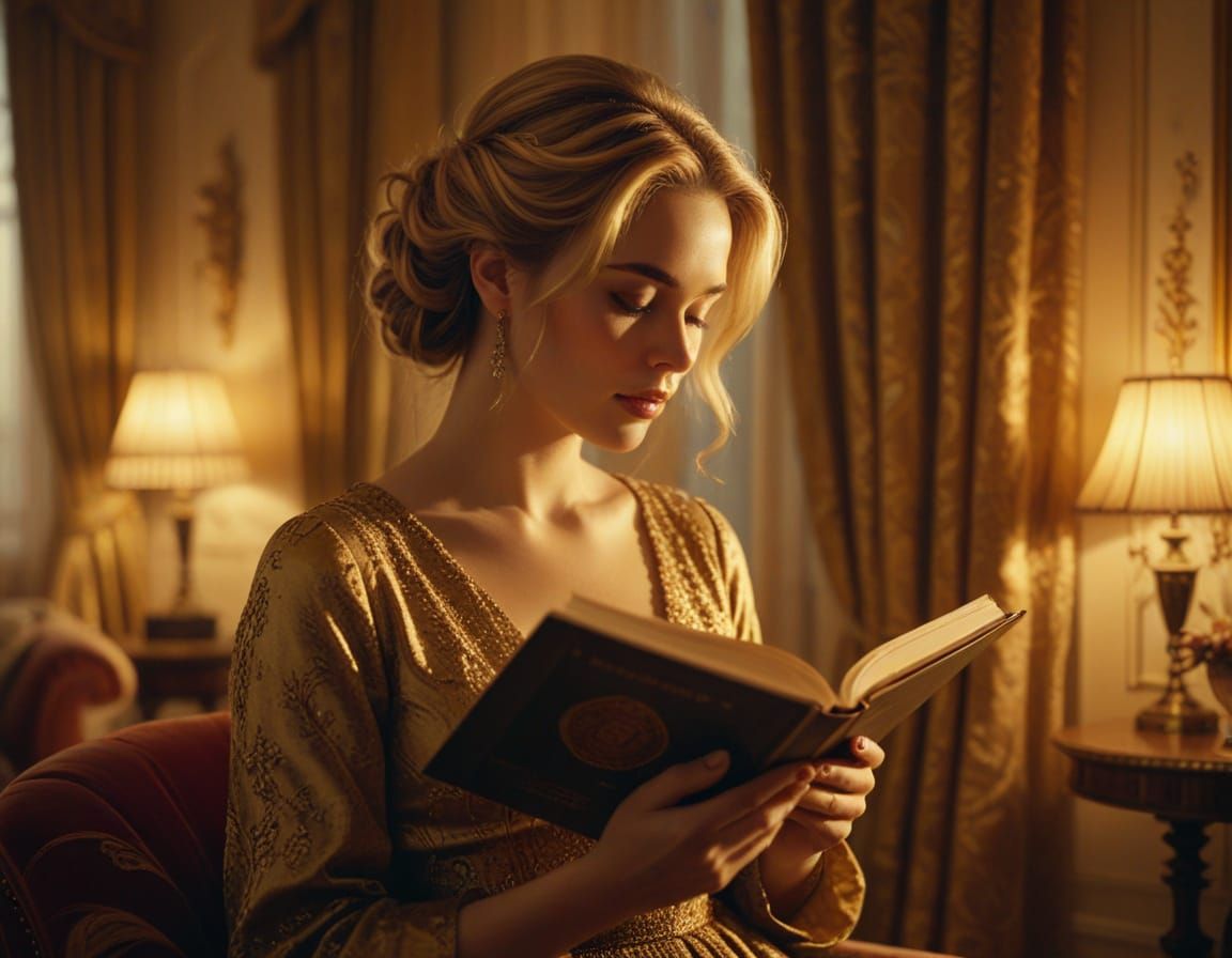 Woman Reading in Luxurious Room as Oil Painting