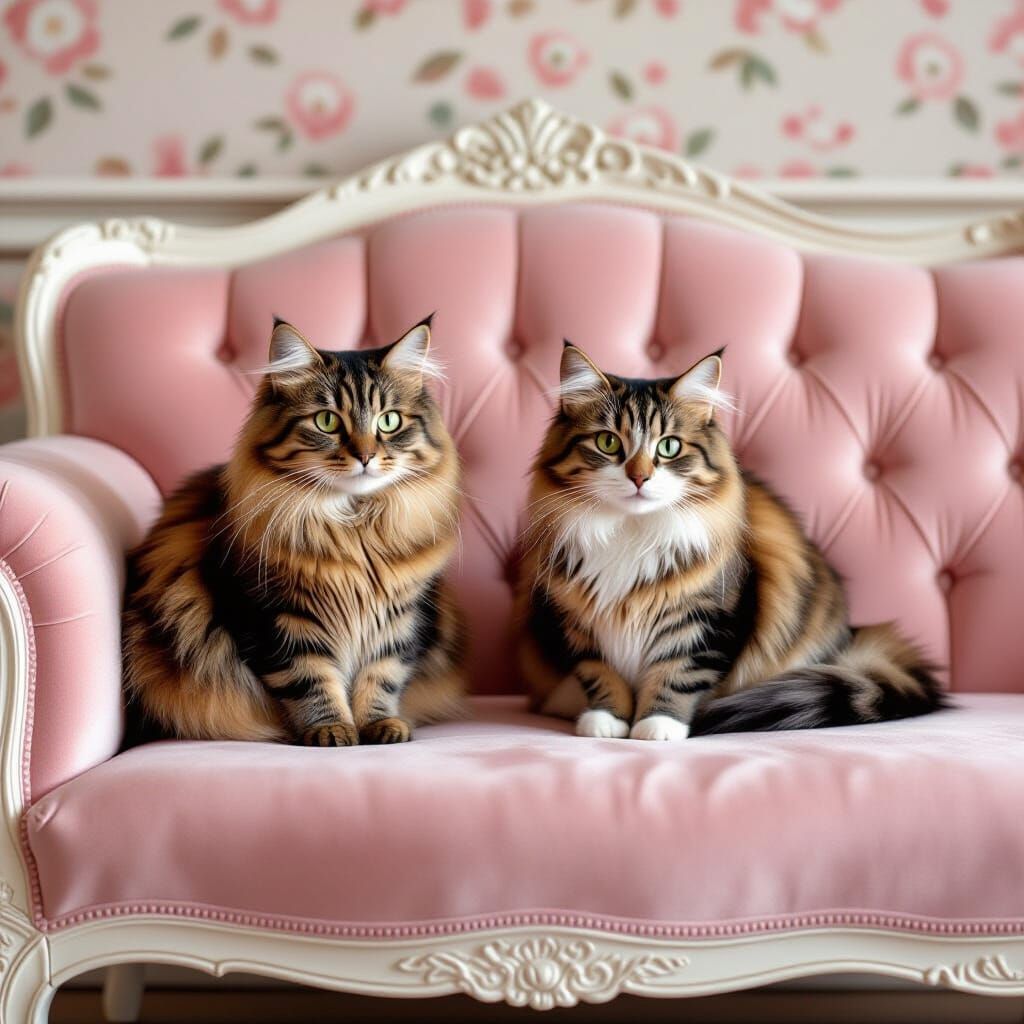 Two Cute Cats on a Pink Antique Sofa