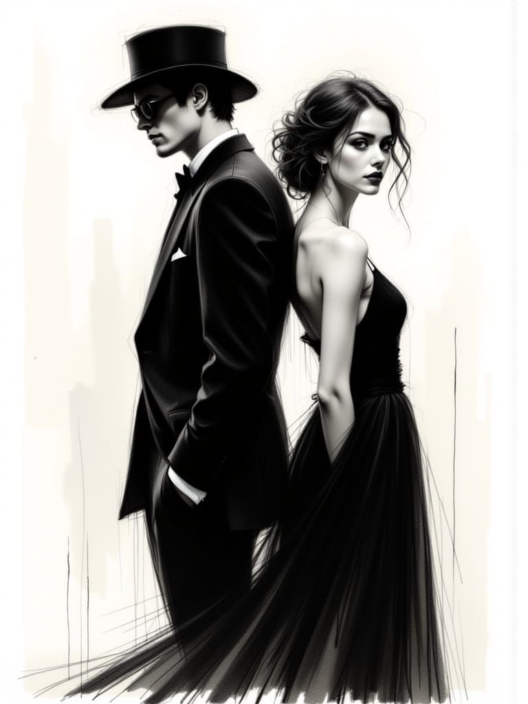 Mysterious Couple in High-Contrast Gothic Illustration