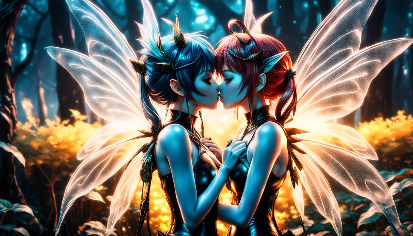 Anime Elemental Fairies Kissing in Digital Art