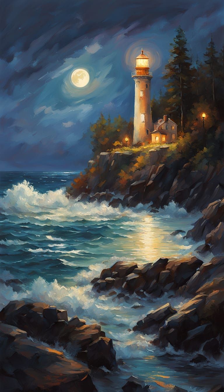 Impressionistic Lighthouse Scene Under Starry Night Sky