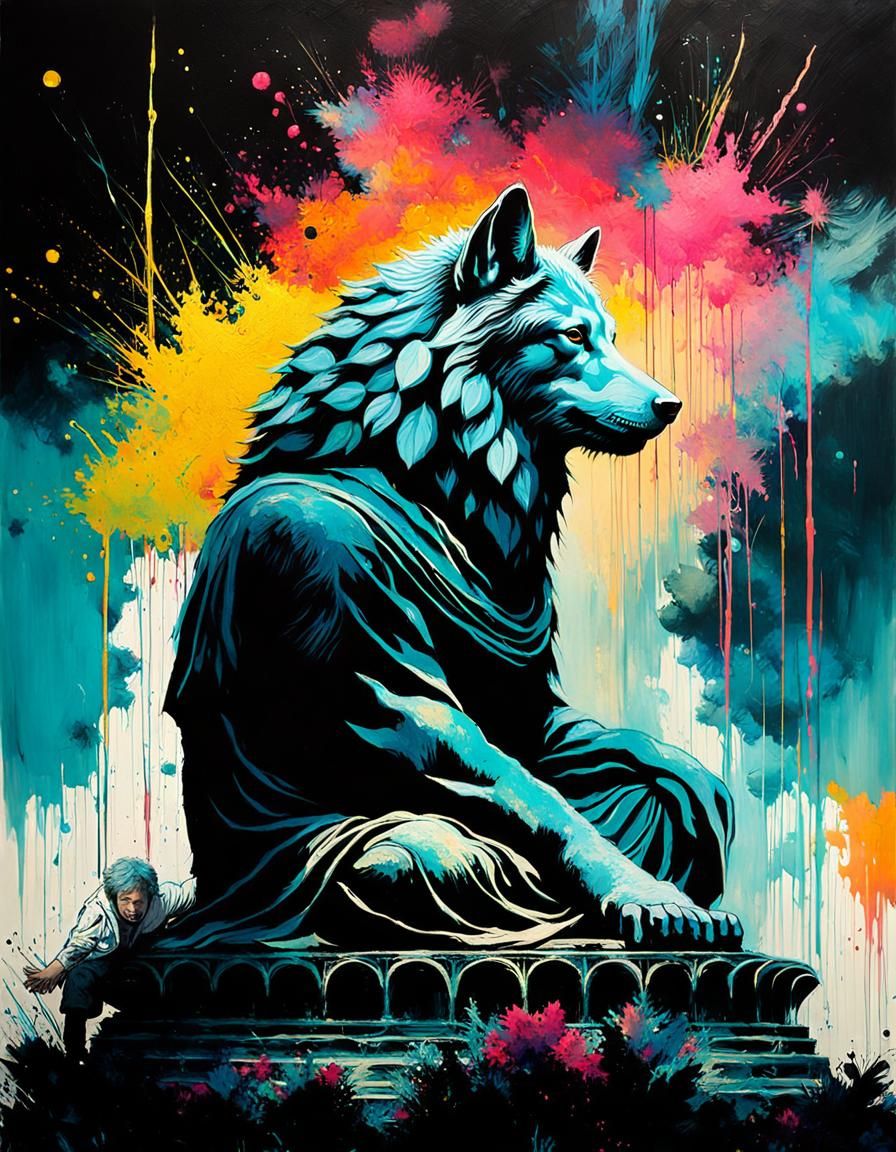 Wolf Kneeling Before Bioluminescent Sky Buddha