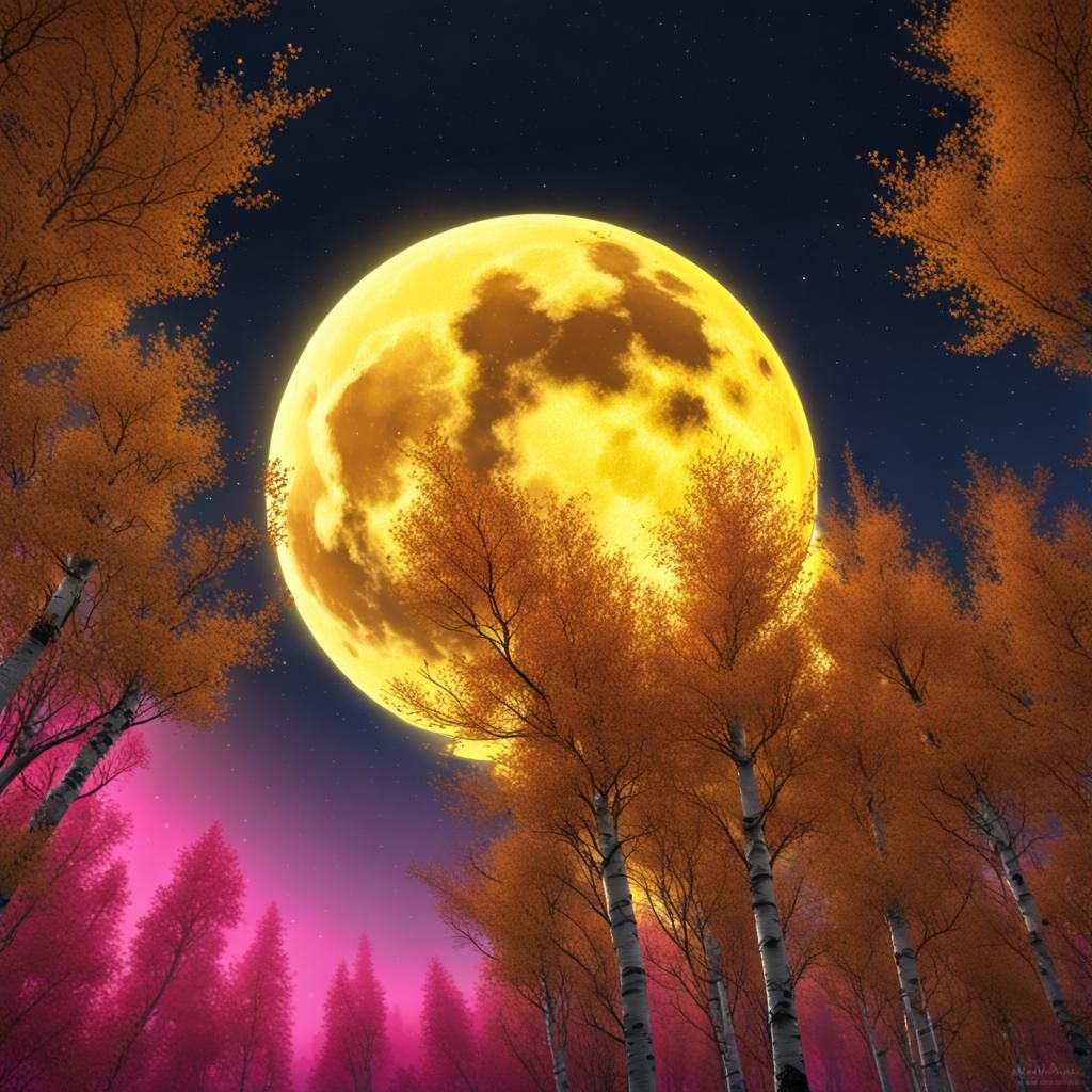 Autumn Moon Surrounded by Birch Leaves