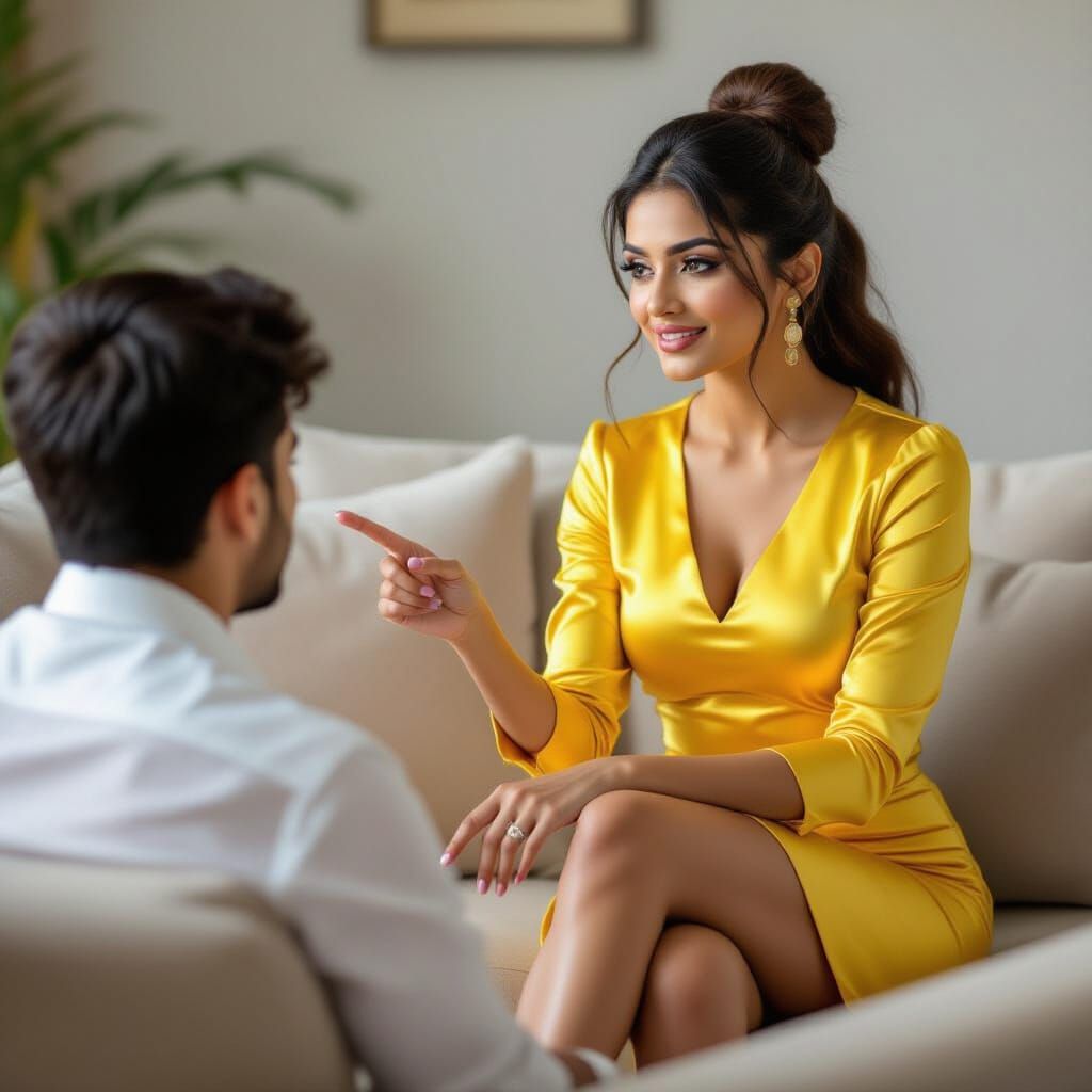 Indian Woman Lecturing Nephew in Vibrant Bollywood Style