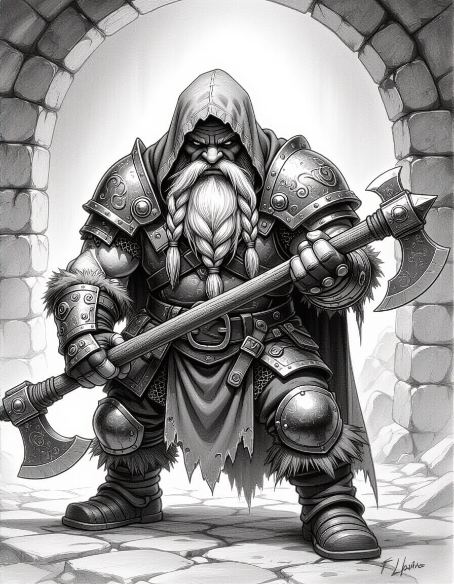 Dwarf Warrior in Pencil Sketch Style