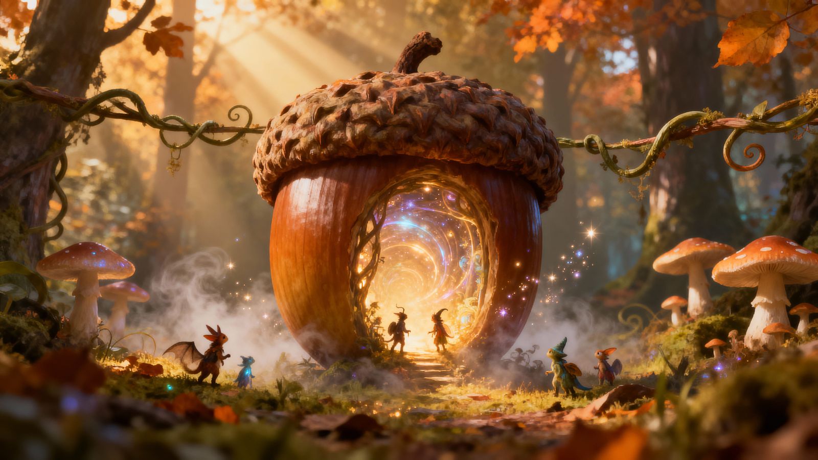 Giant Acorn Portal to Mystical World in Golden Hour Light