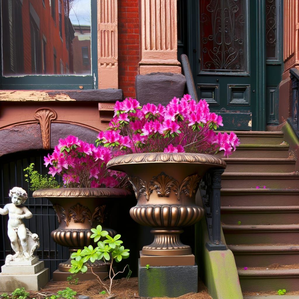 Brownstone Building with Bronze Urns and Azaleas