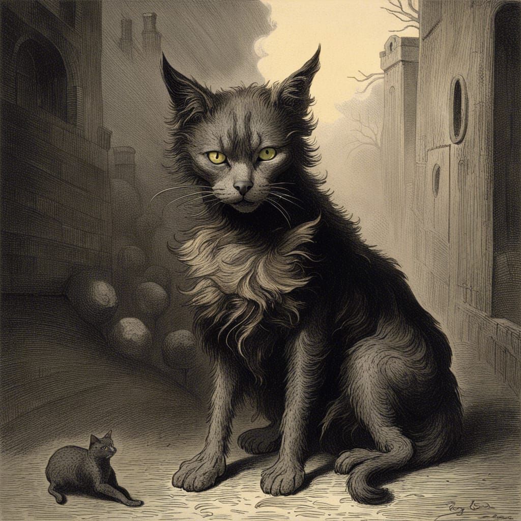 Horrific Cat-Dog Hybrid in Gothic Horror Style