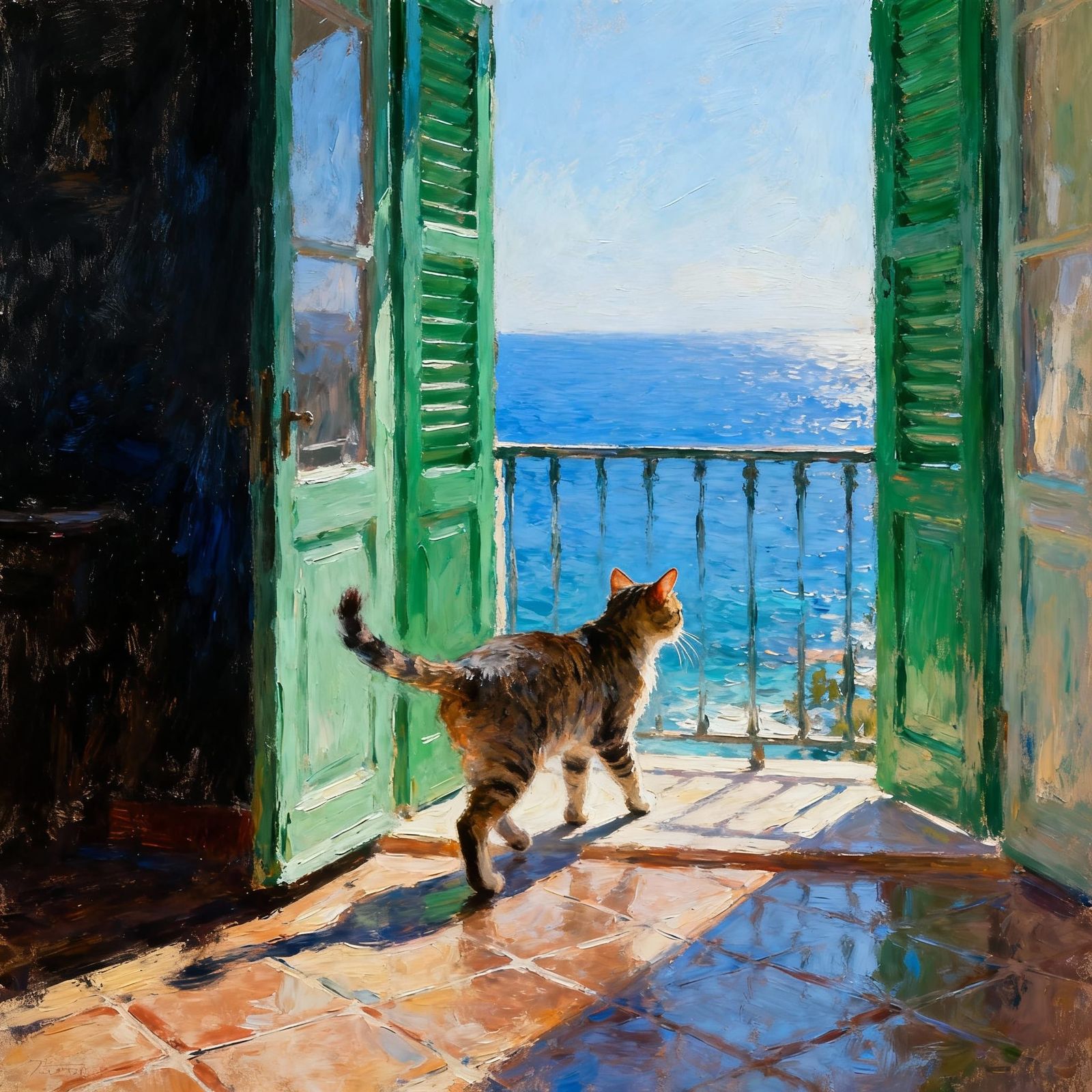 Impressionist Cat on Mediterranean Balcony Overlooking Sea