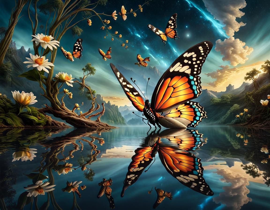 Enigmatic Butterfly Over Lake: Detailed Matte Painting