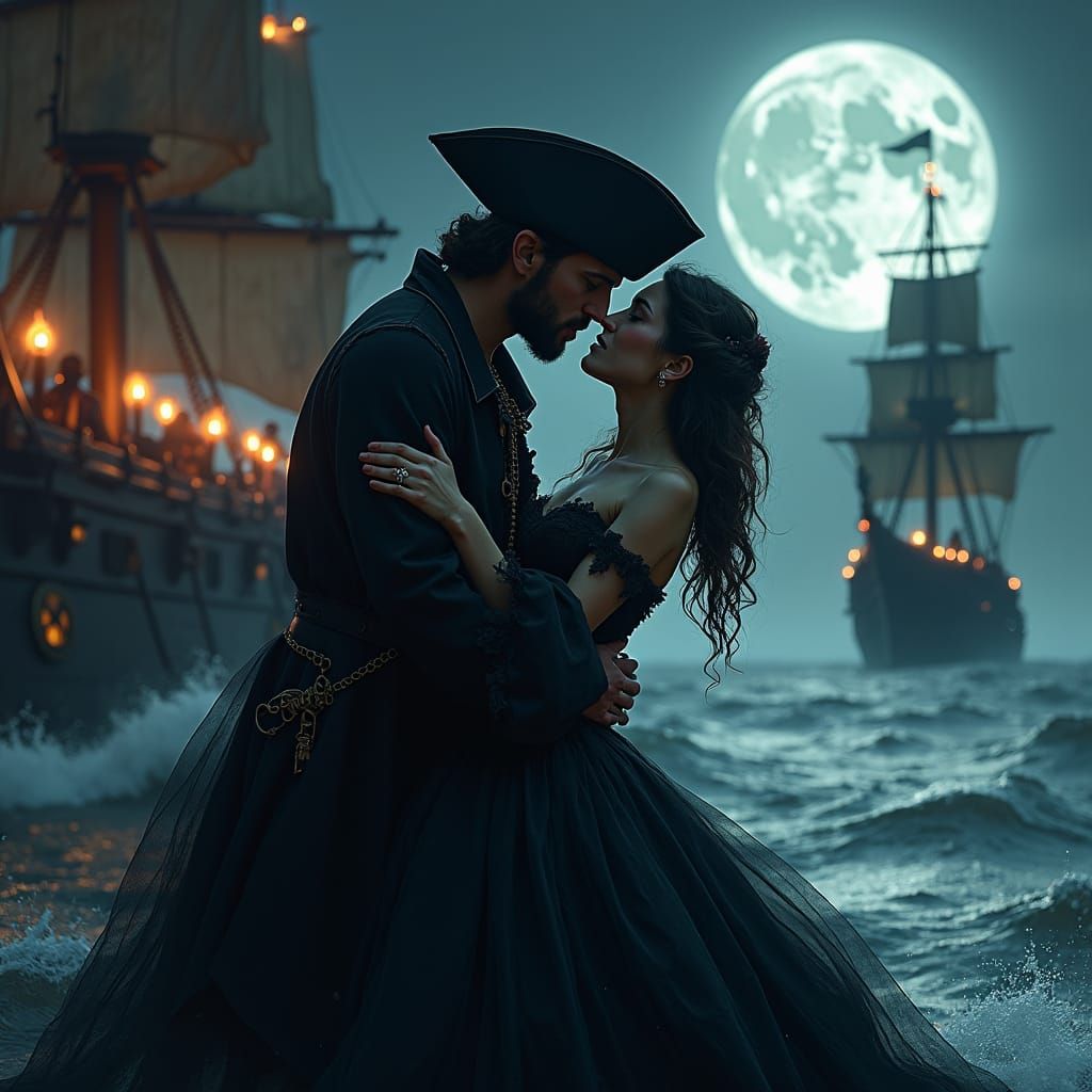 Pirate's Moonlit Embrace on the High Seas