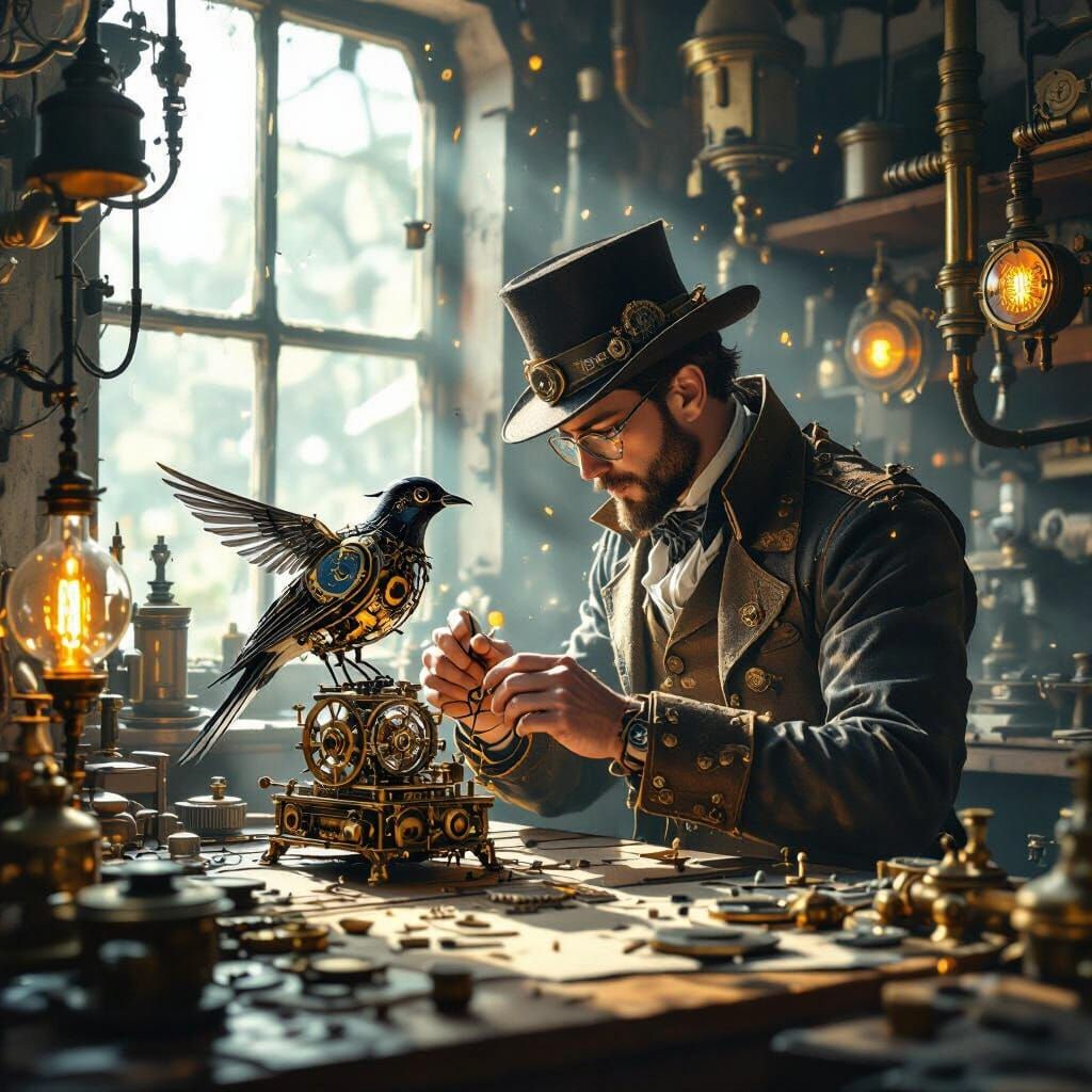 A solitary steampunk inventor meticulously assembling a delicate clockwork bird in a cluttered workshop filled with gear...