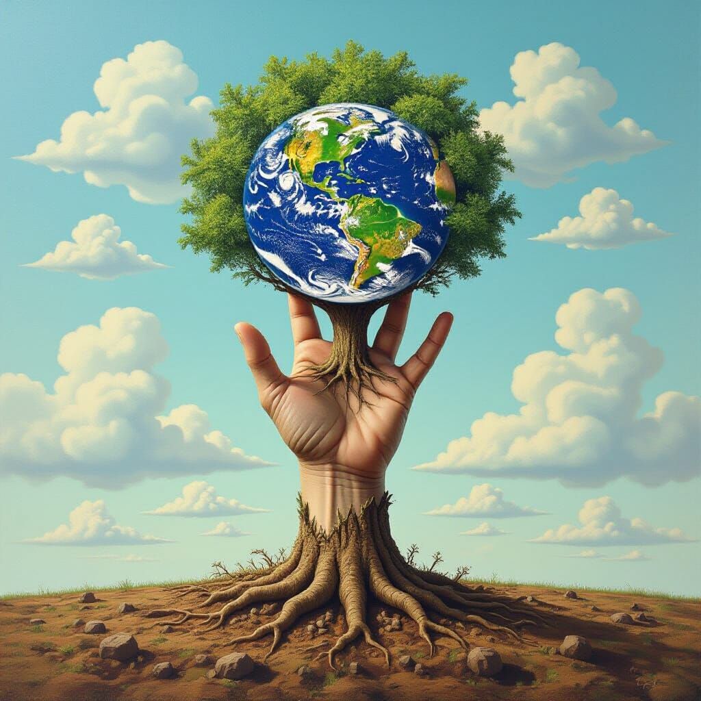 Surreal Psychedelic Painting of Hand Holding World