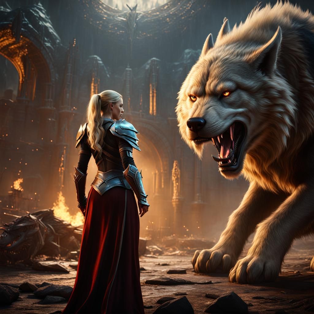 Armored Blonde Woman Confronts Fenrir in Detailed Painting
