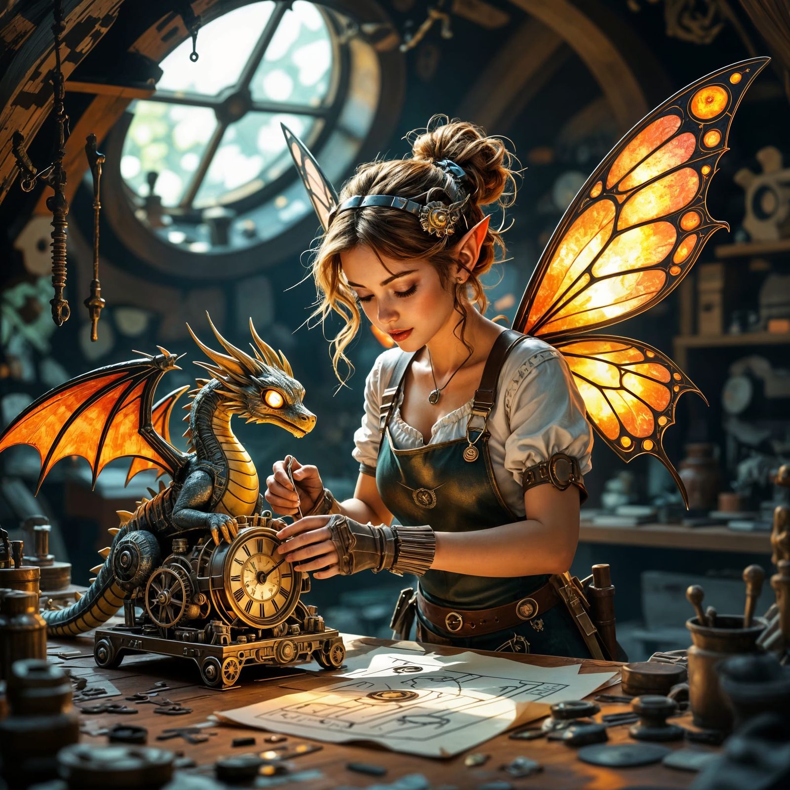 Steampunk Fairy Repairs Clockwork Dragon, Painterly Style