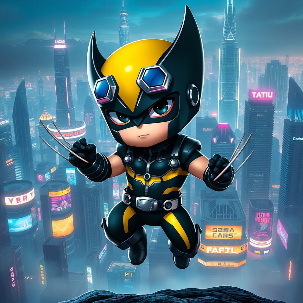 Chibi Wolverine in Futuristic Neon Cityscape