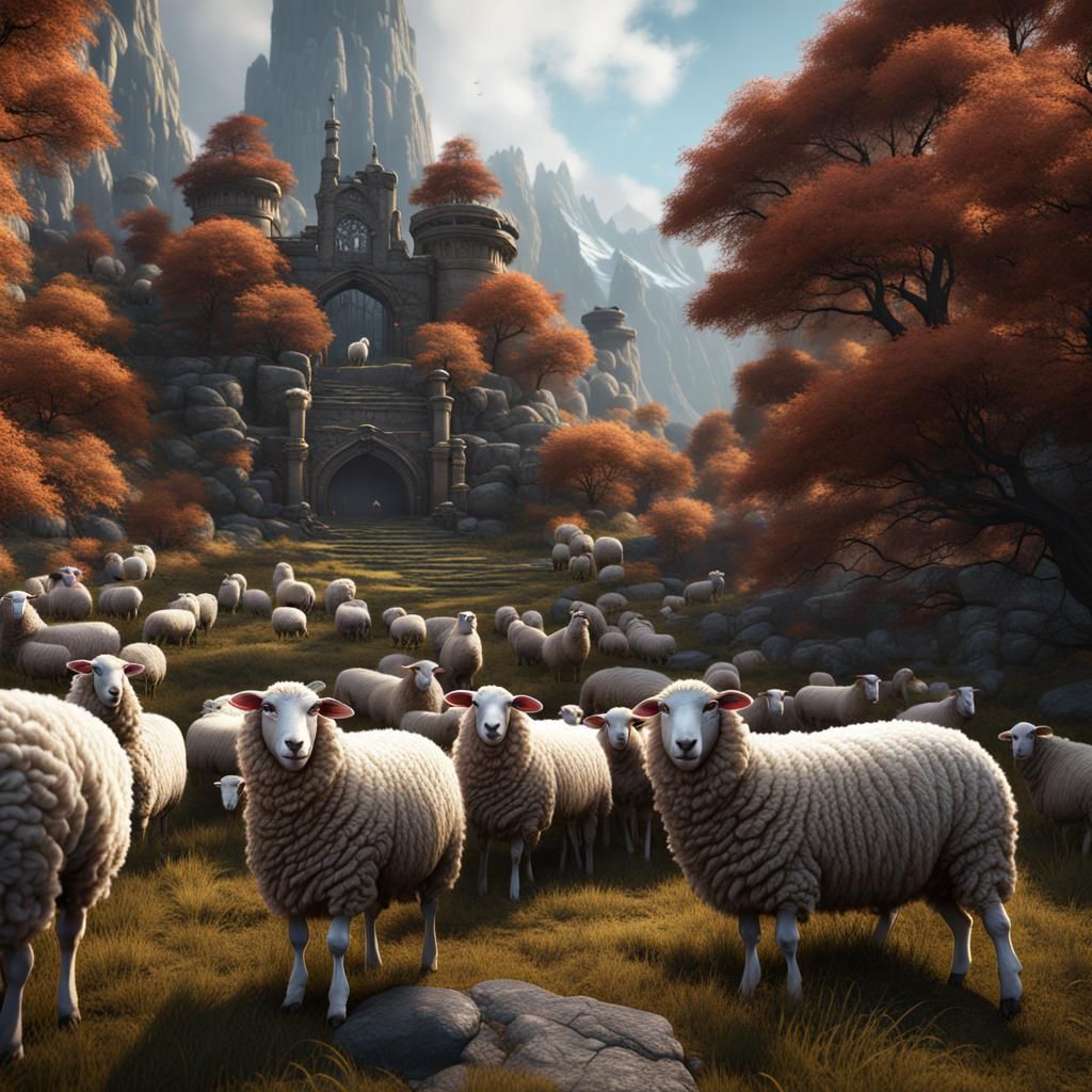 Fantastical Sheep in Detailed Matte Painting Style