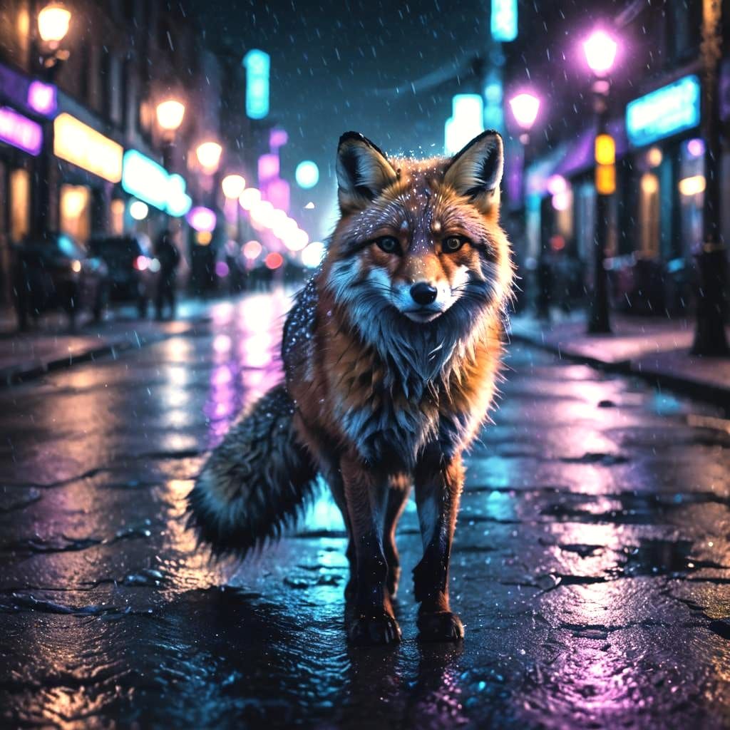Elegant Snow Fox in Night Cityscape
