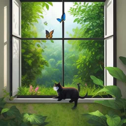 Cat Watching Butterfly in Lush Garden