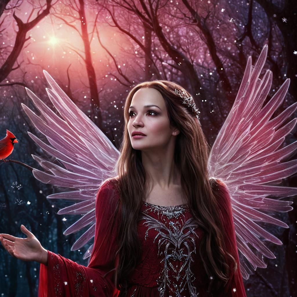 Fairy in Twilight Forest with Cardinals: Fantasy Art
