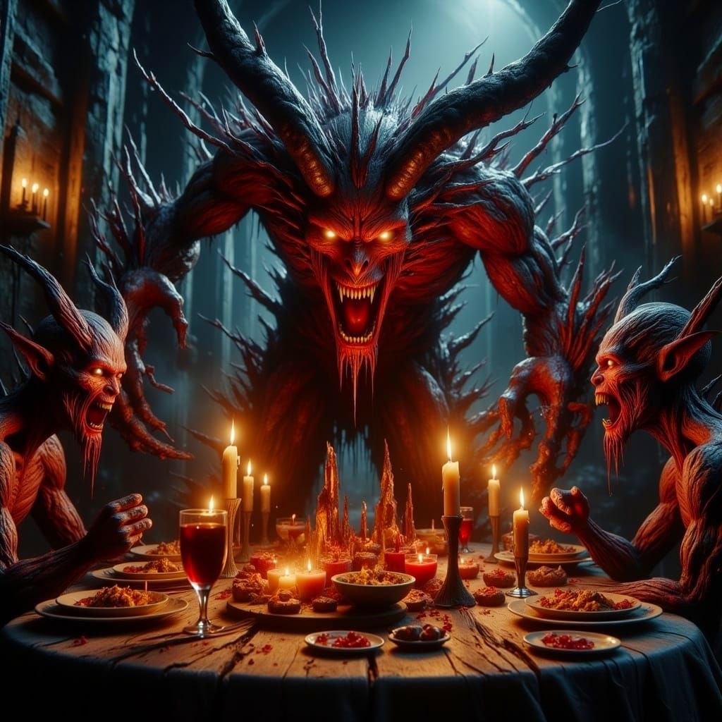 Grotesque Demon Feast in a Haunting, Nightmarish Setting