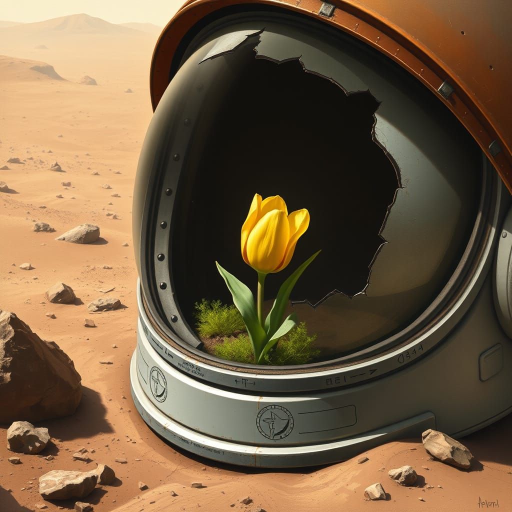Tulip on Mars: Life Blooms in a Space Helmet