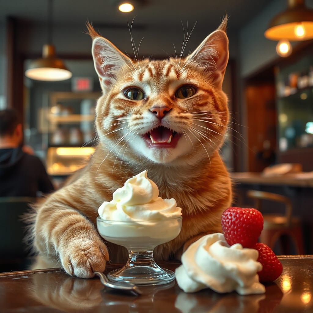 Red Cat in Enchanted Pasticceria with Ice Cream