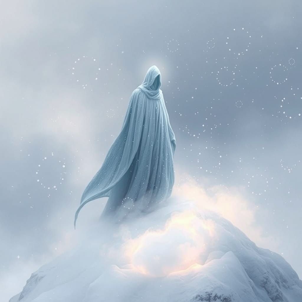 Ethereal Ice Man Ascends Frozen Peak