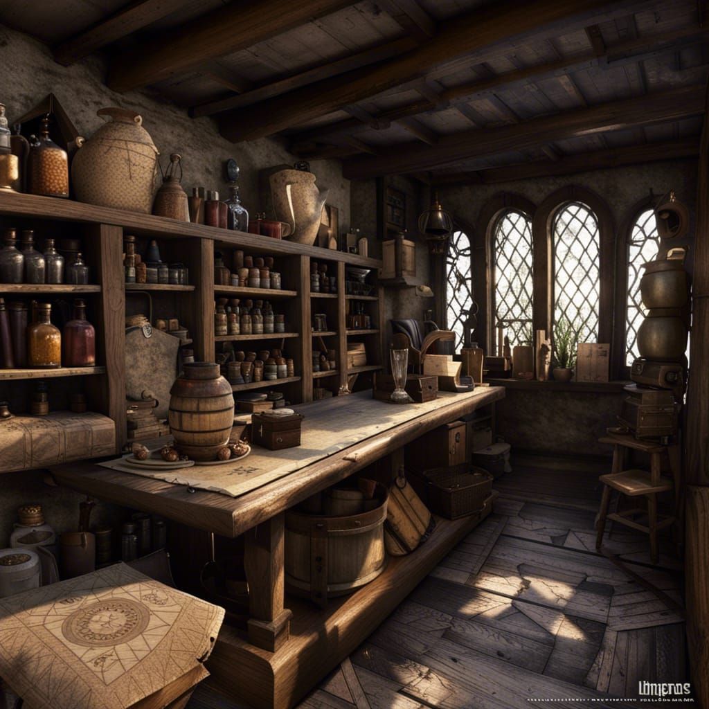 Medieval Apothecary Shop with 3D Rendering