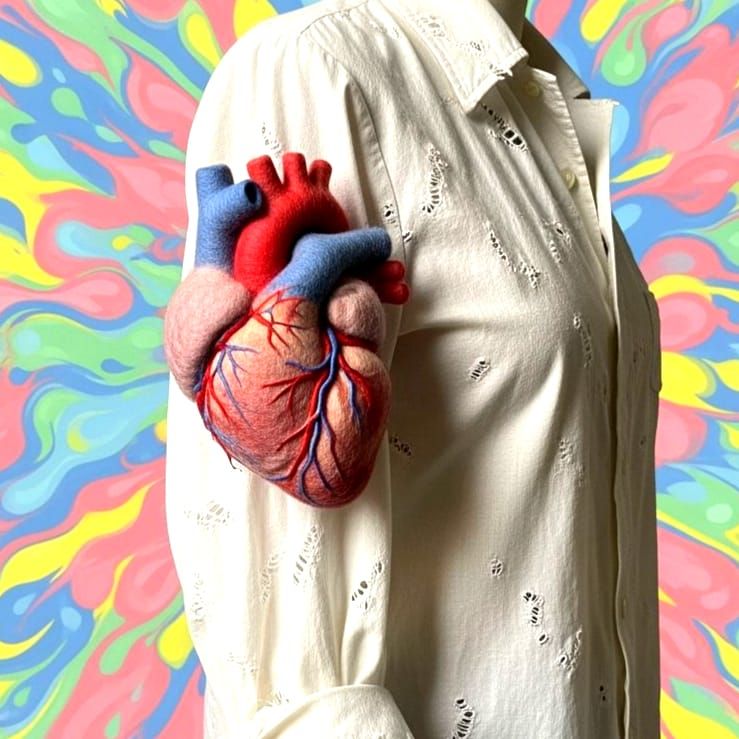 Needle-Felted Heart on Vintage Shirt with Psychedelic Backgr...