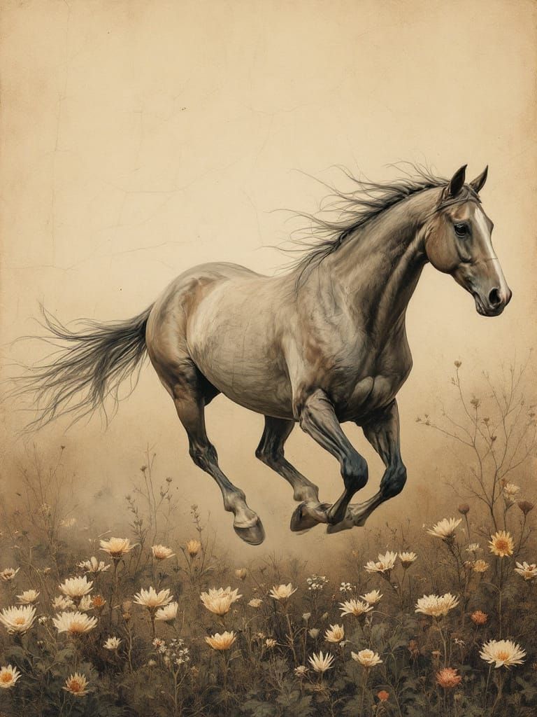 Horse in Flight with Pale Blooms, Botanical Art Style
