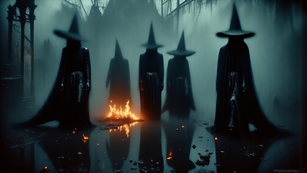 Four Witches Dance Around Bonfire in Mysterious Fog