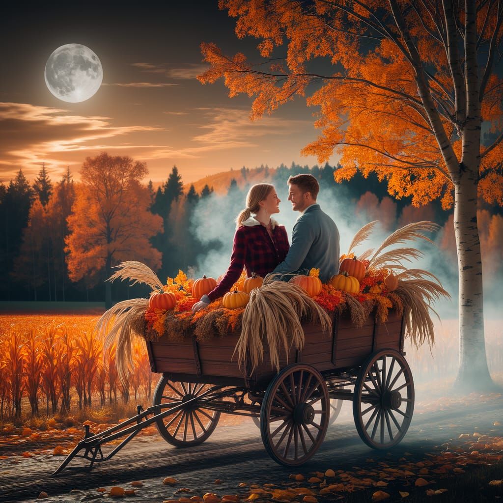 Romantic Hayride Under Harvest Moon in Folk Art Style