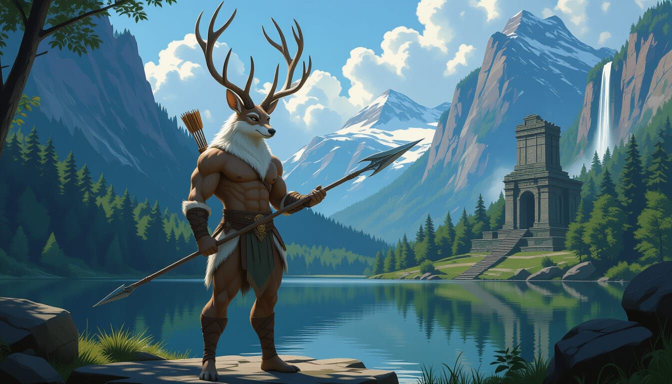 Actaeon the Deer-Furry Warrior in Matte Painting Style