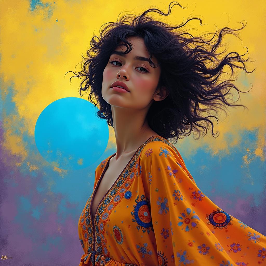 Kaleidoscopic Woman with Blue Sun, Hyperrealistic Art