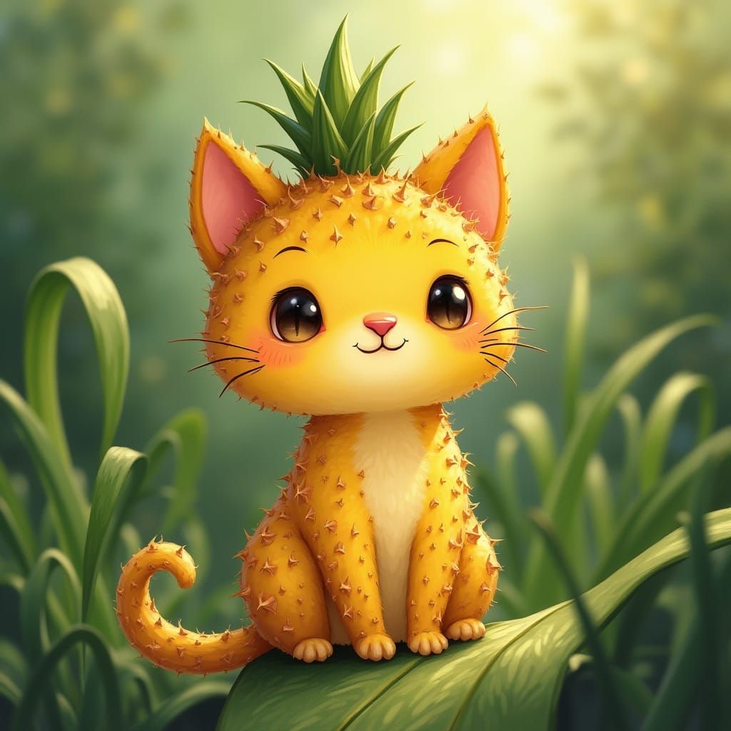 Fanciful Pineapple Cat in Whimsical Illustration Style