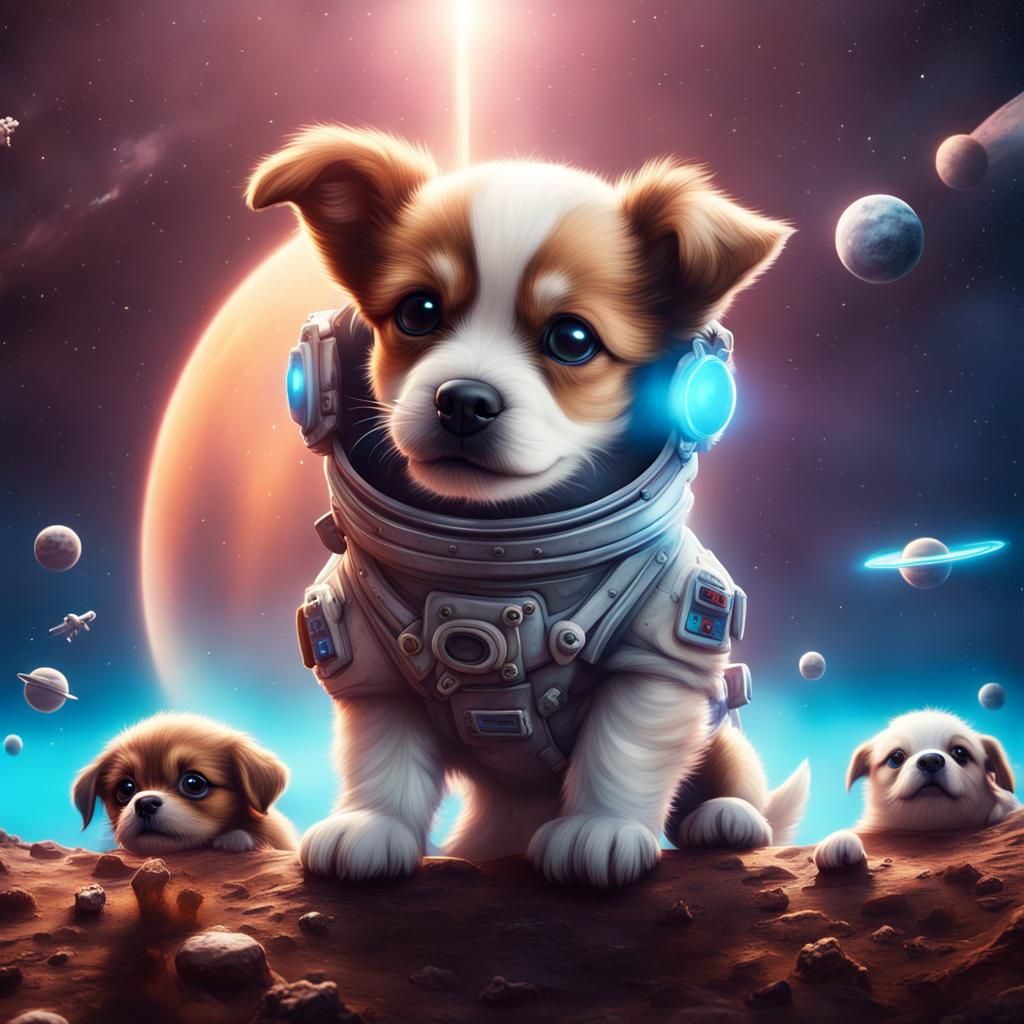 Cute Puppies Explore Space: Detailed Matte Painting