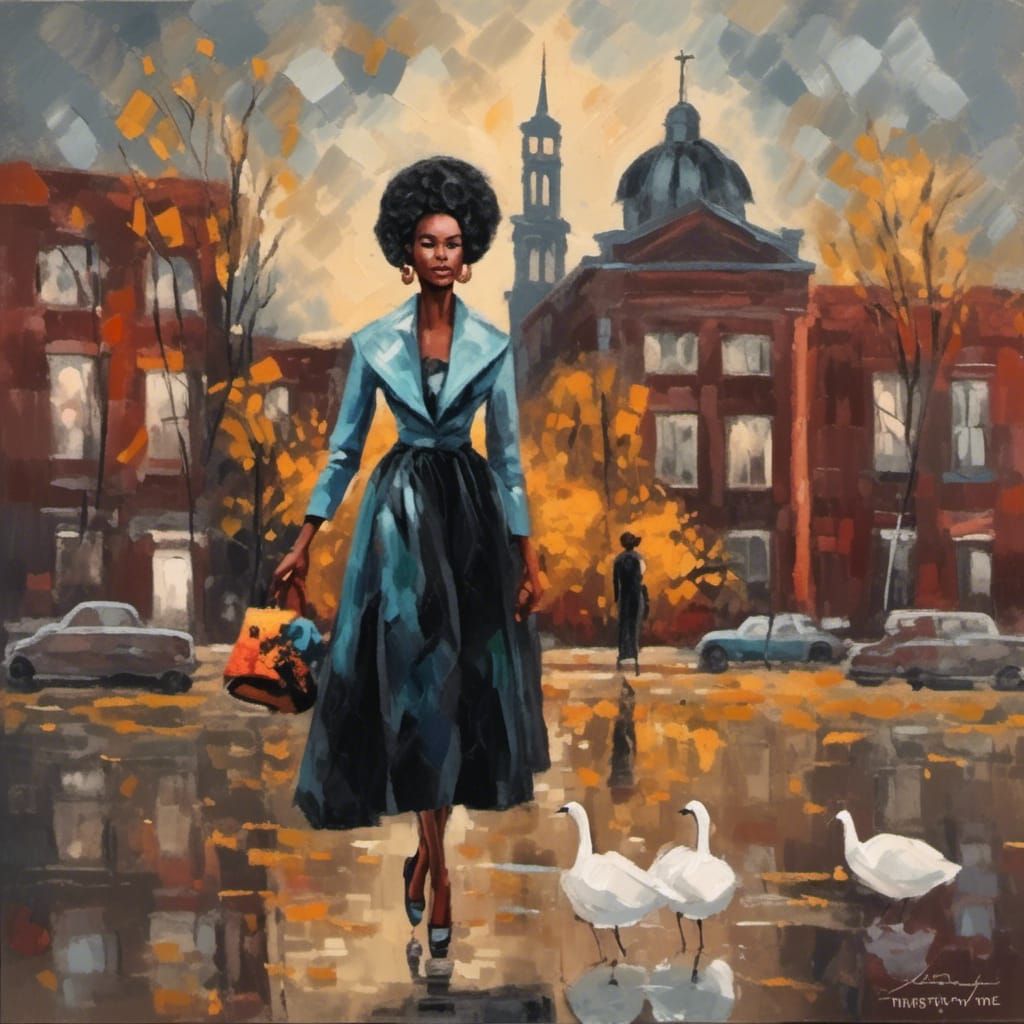 Elegant African American Woman in Rainy Landscape