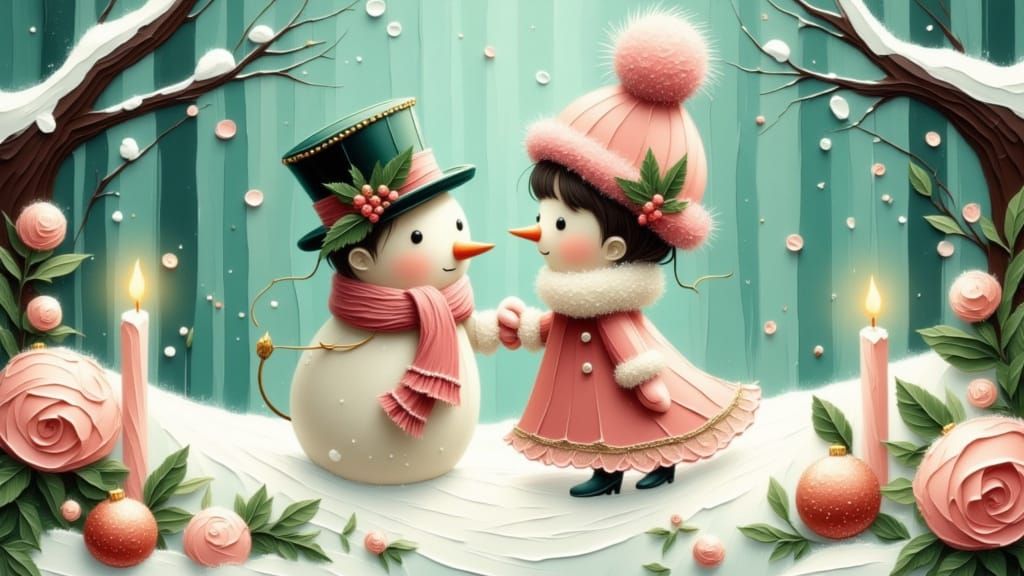 Romantic Winter Scene with Elegant Snow-People