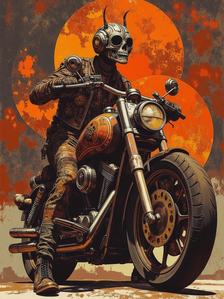 Custom Motorcycle with Skulls and Flames in Airbrush Style