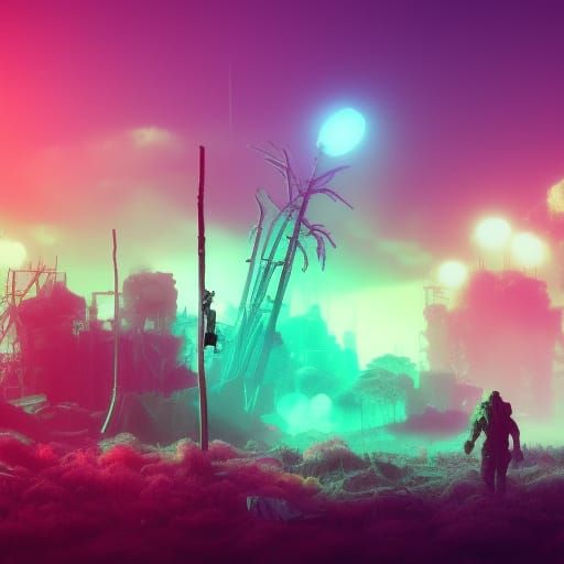 Post-Apocalyptic Wonderland with Neon Glow and Synthwave