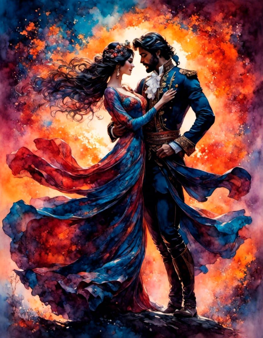 Colorful Silhouette of Embracing Couple: Gouache Painting