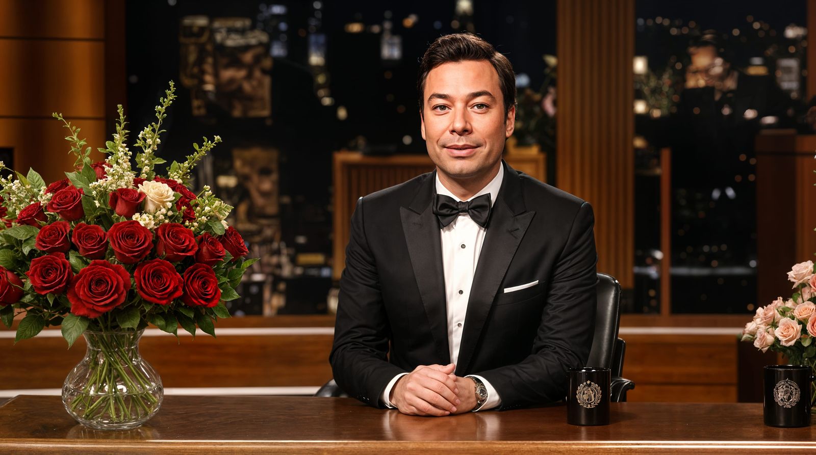 Handsome Jimmy Fallon in Tuxedo, Talk Show Host at Desk with...