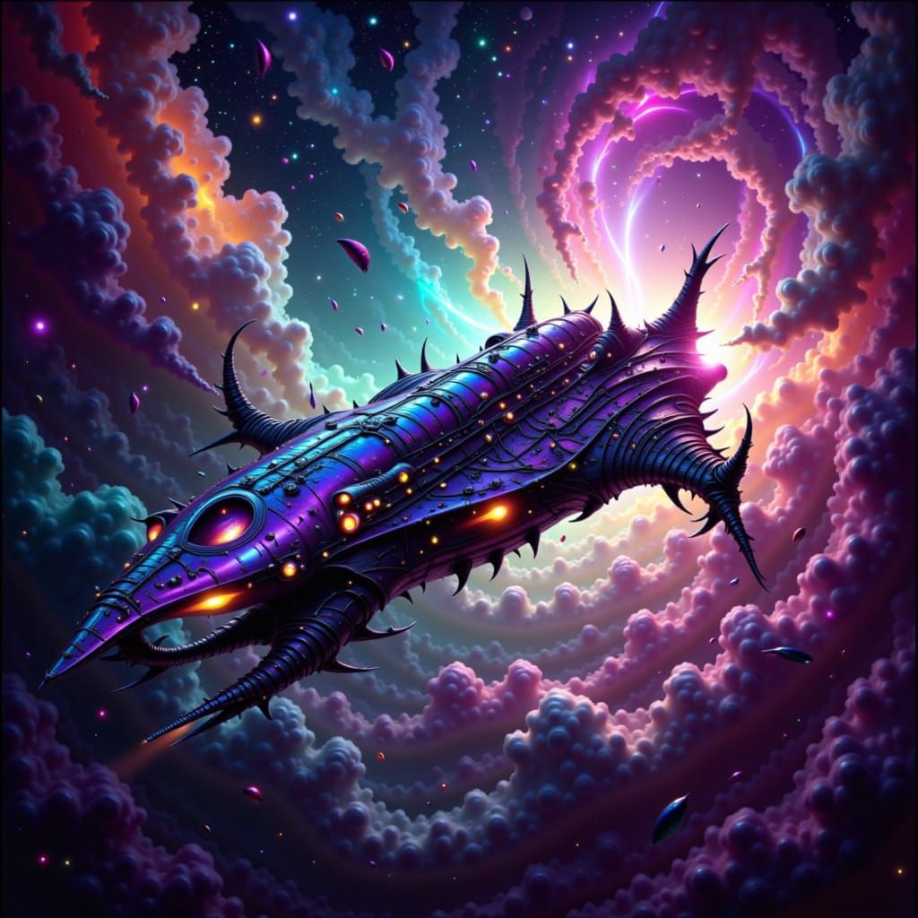 Spaceship Soaring Through Cosmic Dreamscape Nebula