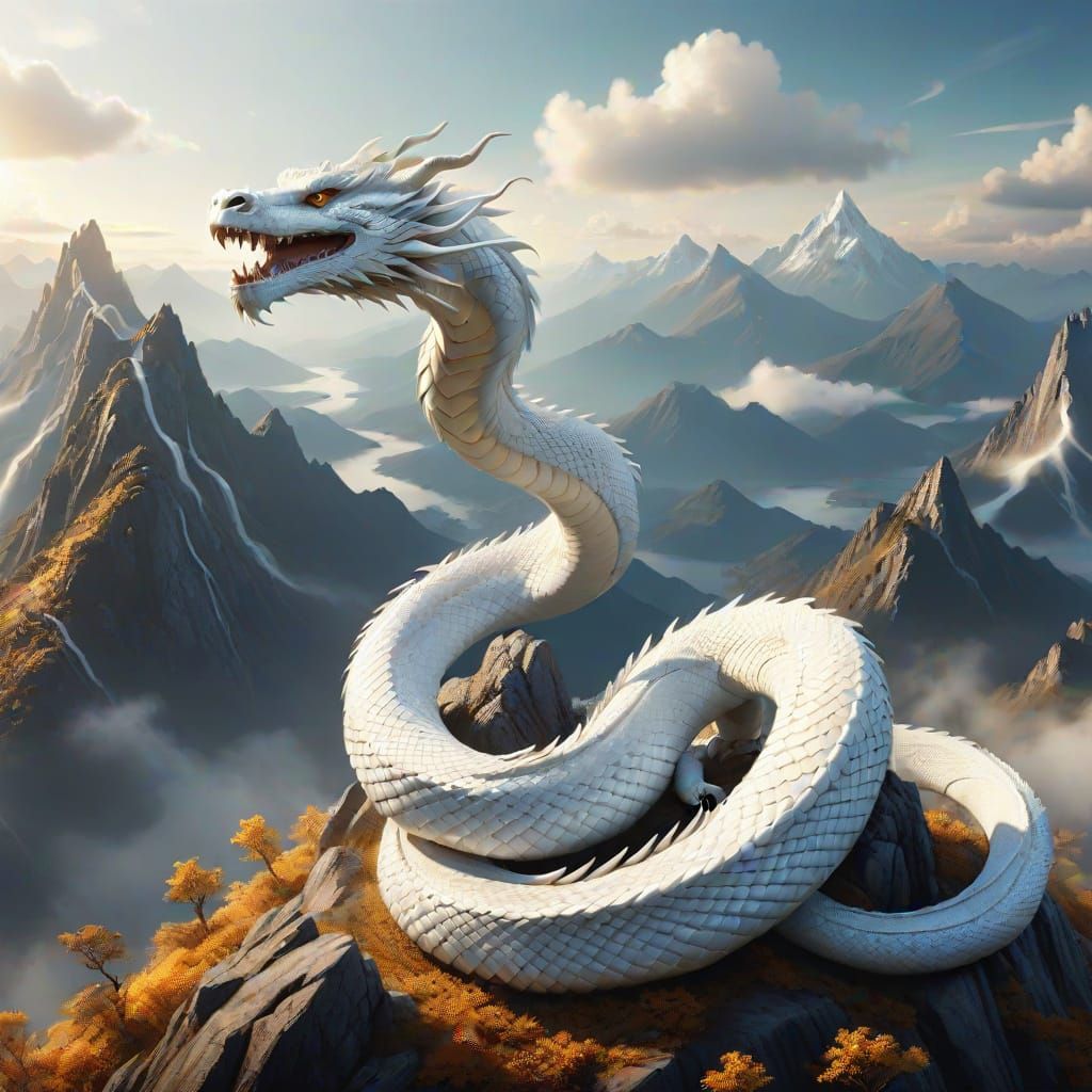 Serpentine Dragon Coiled on Mountain Top