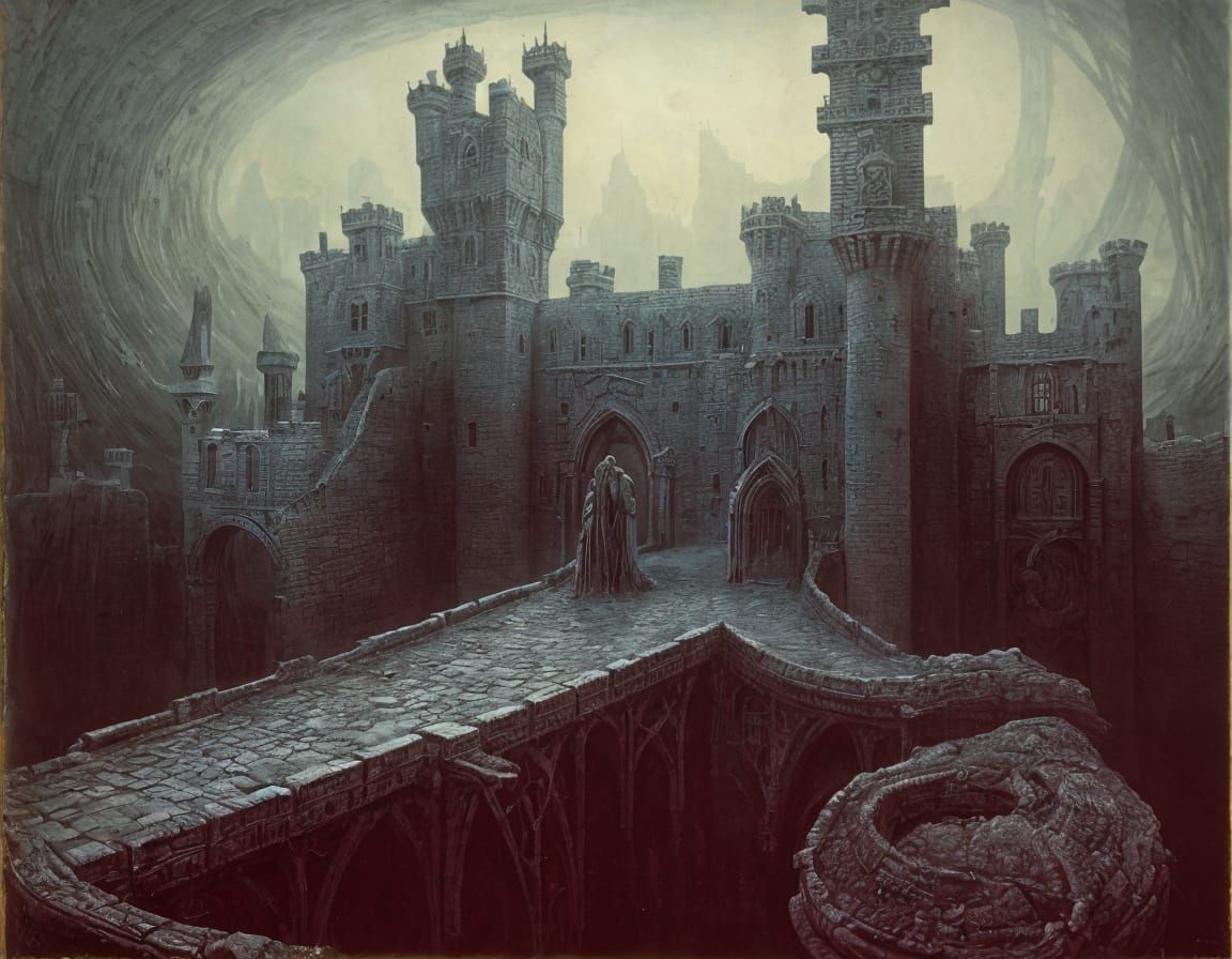 Surreal Castle Landscape in Dark, Twisted Forms